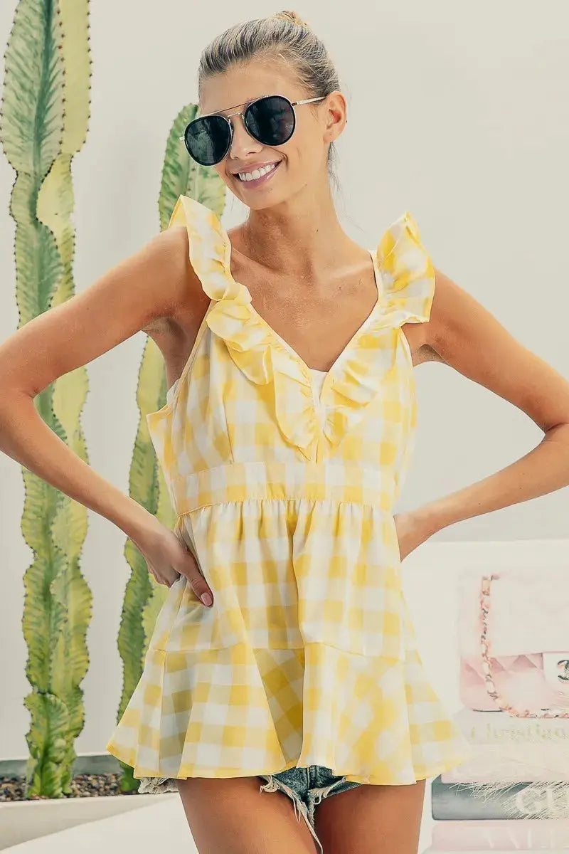 BiBi Ruffled Neckline Sleeveless Check Plaid Peplum Top - Love Salve